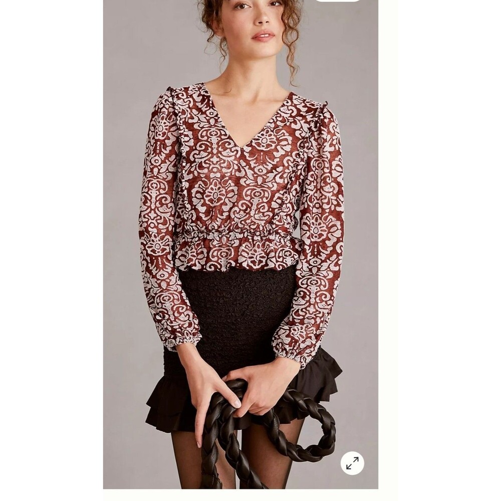 Anthropologie Jacquard Peasant Blouse sheer burgandy size xs stretch long sleeve